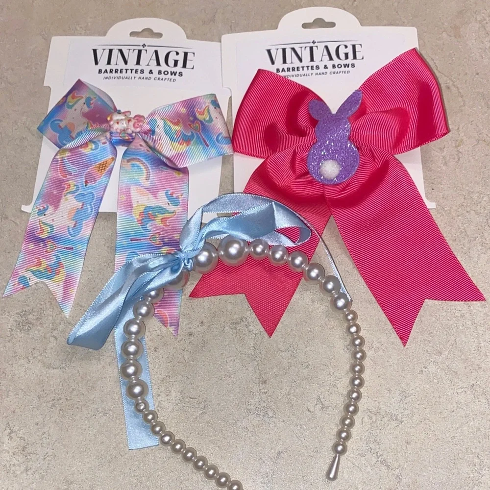 Girls Unicorn and Bunny Bow w/ pearl headband bundle Set - Pink and Blue